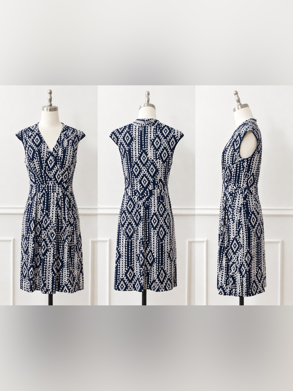 Enfocus Studio |NWOT Navy Ivory Geometric V-Neck Printed Fit Flare Dress (6) - Picture 2 of 11